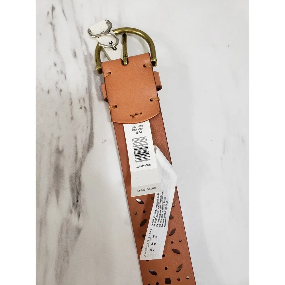 NEW MEDIUM - American Eagle Women's Belt‎ Tan Genuine Leather Cutout Boho Hippie